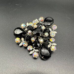 Vintage Brooch Pin Black Aurora Borealis Rhinestones Triangle Statement READ